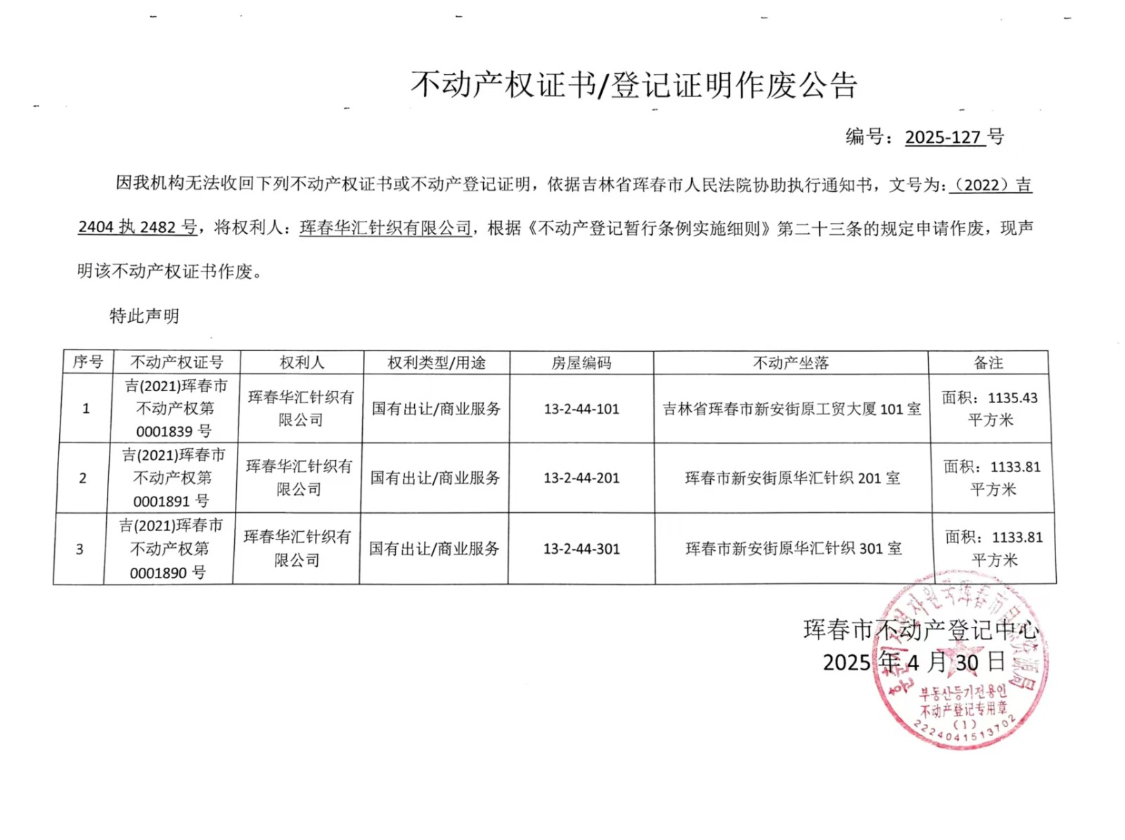 不動產權證書/登記證明作廢公告 編號:2025-127號