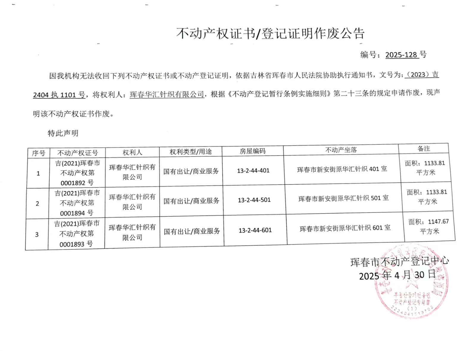不動產權證書/登記證明作廢公告 編號:2025-128號